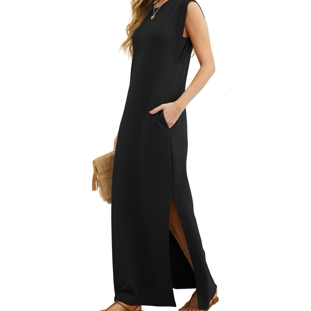 Grecerelle Black Maxi Dress S NWT Lagenlook Minimalist Pocket Beach Long Gown